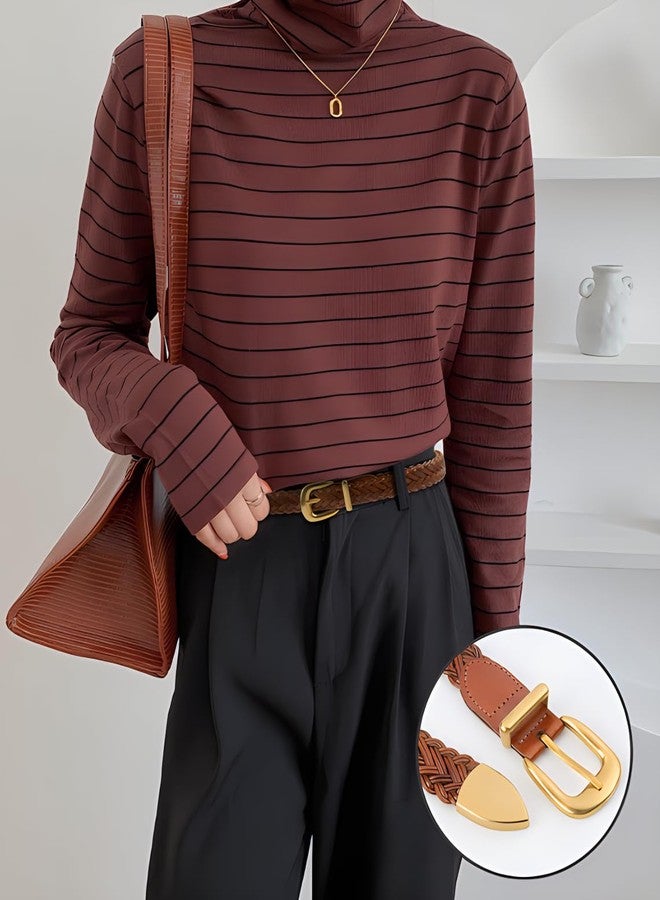 ANNULOYA Women's Braid Leather Belt,Skinny Woven Waist Belt with Gold Buckle,Dress and Jeans Belt (Brown, Length:110cm(Suit 19.5-37inch)) - Image 3